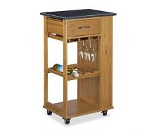 Relaxdays Desserte de cuisine ALFRED L chariot îlot en bambou meuble roulettes HxlxP: 81,5 x 47,5 x 37,5 cm service avec plateau en marbre noir avec porte-verres étagère pour bouteille de vin, nature