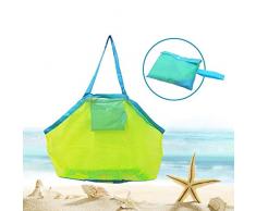 Bornfeel Sac de Jouets Plage en Maille Filet de Rangement Jouet pour le Transport de Jouets et de Serviettes Jouet Sable Loin 45 x 30 x 45cm Vert Maille & Bleu Sangles