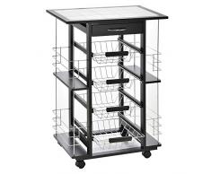 Chariot de service desserte de cuisine à roulettes multi-rangements 4 paniers métal tiroir + 4 range-bouteilles bois pin noir plateau carrelé blanc