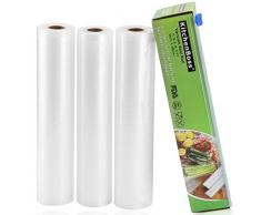 KitchenBoss Sac Sous Vide Alimentaire,3 Rouleaux 28cmx5M,Total 15 M,Rouleaux de Mise Sous Vide avec 1 Boîte de Coupe(Pas Plus de Ciseaux) sans BPA,pour Machine Sous Vide KitchenBoss