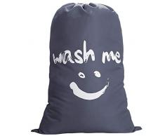 IHOMAGIC Large Sac à Linge Sacoche à Linge Pliable Sac de Rangement avec Nylon Corde 120g Léger Sac Portable pour Vêtement Sale Couverture 60-80L dans la Chamber Hôtel Dortoir, 61x92cm, Gris Sourire