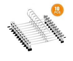 Mutsitaz Lot de 10 Cintres Porte-Pantalons Métal, Pantalon Cintres Porte Pantalons avec Deux Antidérapante Clips, Crochet pivotant à 360°,pour Pantalons, Jupes et Chaussettes, Hauts à Bretelles