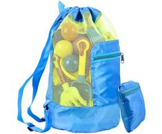 WEONE Sac de Jouets Plage, Pliant Grand Sac en Maille, Sac à Dos de Plage pour Enfant, Sac de Sable en Filet avec Cordon de Serrage, Sac Rangement Jouet pour Natation Voyage, Bleu(Jouets Pas Inclus)