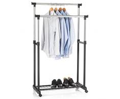 IDIMEX Portant à vêtements Grosso penderie Double sur roulettes vestiaire Mobile avec 2 Barres de Hauteur réglable et Une Tablette de Rangement, en métal chromé et Plastique Noir