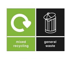Poubelle Stickers – Lot de 2 stickers – General déchets (Noir) et mixtes recyclage (Vert)-150 mm x 100 mm – Brillant Vernis UV – Utilisation en extérieur