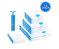 VOUNOT Sacs de Rangement sous Vide + Pompe sous Vide Lot de 12 Sacs Compression +1 Pompe Sac de Voyage sous Vide Housse de Rangement sous Vide Réutilisable Sacs Compression sous Vide