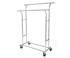SONGMICS Portant à vêtements, Penderie métallique, Charge Max,110 kg, Double Barres Extensibles, Hauteur réglable, Mobile, avec roulettes, Mètal chromé HSR12S