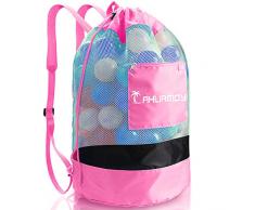 Grande Plage Jouets Maille Sac Sable Stockage Fourre-Tout Sac à Cordon Sac à Bandoulière Réglable pour Adultes Enfant Pique-Nique Packs avec Poche Latérale Eau Sable Jouets Loin Non Inclus (Rose)