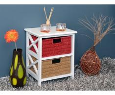 ts-ideen Commode Table d’appoint 45 cm Étagère Plateau supérieur Blanc Rotin Paniers Beige et Rouge