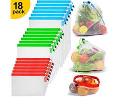 longzon Sac reutilisable Fruit Legume, 【18P】 Rangement frigo pochon Tissu Congelation Filet a Vrac de Course Alimentaire Fruits et légumes réutilisable ecologique Bio congelateur, FDA, LGFB,sans BPA.