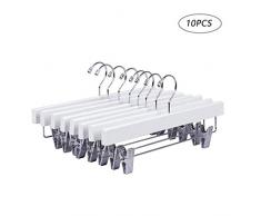 Amber Home EU Lot de 10 Sangles en Bois Massif de Gugertree pour Pantalons, Jupes, cintres avec 2 Clips réglables Anti-Rouille avec Finition Lisse de Couleur Blanche avec Crochet pivotant chromé