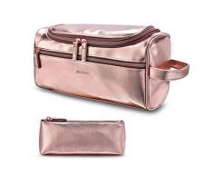 Srotek Trousse de Maquillage Imperméable Trousse de Toilette en Cuir pour Femmes Sac Cosmétique de Voyage Portable Pochette de Maquillage Sac de Rangement pour Vacance, Salle de Bain (Or Rose)