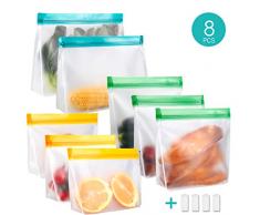 Meowoo Sac Congelation Reutilisable, 8Pcs Sac de Conservation Reutilisable, Sacs à Sandwich pour Légumes, Fruits Viande, Poissons et Pain(8Pcs+4 Clips