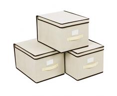 SONGMICS Boîtes de Rangement Pliables, Lot de 3, Coffre de Rangement, Tissu Non-tissé, avec Couvercle et Poignée, Dimensions 40 x 30 x 25 cm, Beige RFB03M