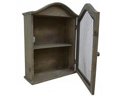 Etagère de Rangement Murale Grillagée Façon Petite Armoire de Pharmacie en Bois à 1 Porte 16x43x56cm