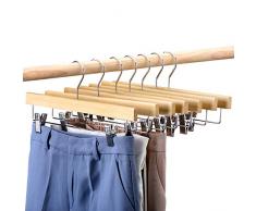 HOUSE DAY Lot de 25 Cintres en Bois avec Pinces Chrome Ajustables, Crochet Pivotant à 360 Degrés Cintres Antidérapants 35.5cm Couleur Naturel pour Jupes Jeans Pantalons