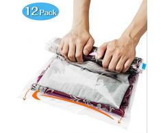 NONZERS [12-Pack] Sacs Housses de Rangement sous Vide, Sacs de Compression sous Vide Réutilisables, Rouleaux à la Main et Économiseur dEspace pour Vêtements avec 3 Tailles (Transparent)