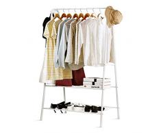 INTEY Portant À Vêtement, Porte-Manteau Sur Pieds à 2 Étagères, 158x43x75cm, Meuble pour lEntrée, 2 Crochets Latérales, Capacité Max 40kg, Métal, Blanc