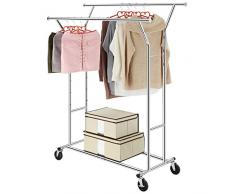 LANGRIA Portant Penderie à Vêtements Mobile Télescopique en Acier Chromé, Hauteur et Largeur Réglables, Capacité 113kg, roulettes Renforcées Omnidirectionnelles (2 Barres)