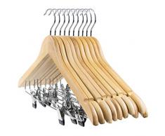 Tosnail Lot de 10 Cintres en Bois massif avec rainures Couleur de bois Avec clip en métal