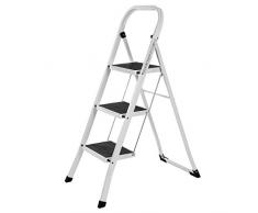 SONGMICS Échelle pliable, Escabeau, Marchepied, 3 Niveaux, Acier, Antidérapant, avec Barre de sécurité, Hauteur du travail : 260 c, Blanc GSL03WT