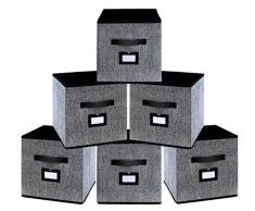 homyfort Lot de 6 Boîtes/Tiroirs en Tissu Cube de Rangement Pliable Coffre pour Linge, Jouets, Vêtement, avec poignées en Cuir et Etiquettes 26 x 26 x 28 cm, Noir Tissu en Lin, 7XABS06PLP