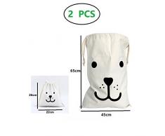 sac de rangement en toile 2PC pour les jouets, sac de lessive à cordon pour vêtements Blanchisserie à linge Grand magasin Sacs de voyage (ours souriant)