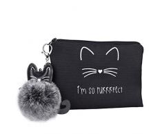 VerteLife Trousse de Toilette de Voyage Pliable pour Femmes, Trousse à maquillage Pochette Sac Cosmétique Organisateuer de Toilette à Suspendre Sac de Rangement avec Crochet & Pendentif (Chat Mignon)
