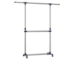 SONGMICS Portant à vêtements, Penderie métallique, 2 Barres, Hauteur et Largeur réglables, Mobile, Acier inoxydable LLR41L