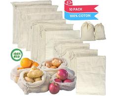 Sac legumes reutilisable | sac a vrac | Ecologique reutilisable | Sac a Pain tissu | Sac vrac | Sac reutilisable | Zero déchet | Sac tissus |Tailles (3L 3M; 4S)-Lot de 10 sacs Facile à laver
