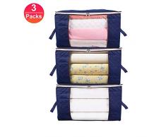 Niviy Sac de Rangement pour Couette vetement, Non-tissé Housse de Rangement Organisateurs, Fermeture Éclair Solide, Fenêtre Transparente, Bleu, 3Packs, 60 x 40 x 35 cm