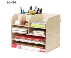 Organiseur de bureau en bois Boîtes Étagère de Rangement à 4 Compartiments avec Tiroir Porte-Documents Porte-Revues Multifonction Pour livres Journaux magazines Stylo Crayon A4 Papier,Beige