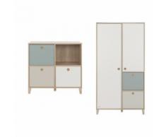 Commode 4 niches et Armoire 2 portes Lora - Blanc Gris - Chambres enfant complètes