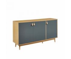 buffet - bahut - enfilade CAMBRIDGE Buffet 3 portes a poignées en cuir - Chene clair et gris foncé - L 150 x P 40 x H 80 cm - Buffets