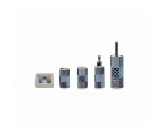 Set Salle de Bain Céramique Blanc et Bleu Façon Carreaux de Ciment - 5 pièces - Accessoires de bain
