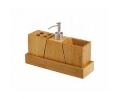 Set Bambou Salle de Bain Distributeur Savon, Porte Brosse à Dents, Gobelet Rangement - Accessoires de bain