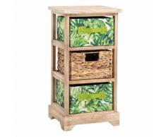 Chiffonnier ADELFIA petite étagère rangement avec 2 tiroirs feuilles tropicales et 1 panier tressé, en bois de paulownia déco jungle - Commodes