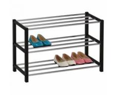 Etagère à chaussures DUBLIN rangement porte-chaussures avec 3 niveaux pour 12 paires en métal chromé et laqué noir - Meubles à chaussures
