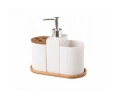 Set Salle de Bain Céramique et Bambou - Distributeur Savon, Verre, Porte Brosse à Dents - Accessoires de bain