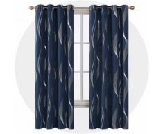 Deconovo Lot de 2 Rideaux Chambre Argenté Motif Ligne Occultant Salon Extérieur Rideau Phonique Fenêtre Thermique à Oeillets 132x183cm Bleu Marine - Rideaux et stores