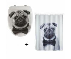 Accessoires de salle de bain - Abattant WC et rideau de douche Chien - Blanc et gris - Accessoires de bain
