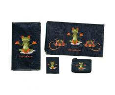 Parure 4 pièces en cuir noir Porte chéquier Porte carte grise Porte carte Porte monnaie Grenouille Zen personnalise avec votre prenom - Autres Classement et Archivage