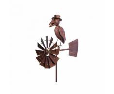 L'Héritier Du Temps - Girouette à piquer avec décor corbeaux et eolienne tuteur mobile à la force du vent fer marron 30x50x156cm - Décoration d'extérieur