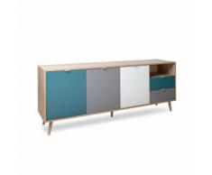 buffet - bahut - enfilade CUBA Buffet bas 3 portes, 2 tiroirs, 1 niche décor chene sonoma bleu, gris et blanc - Style scandinave - L 180 cm - Buffets