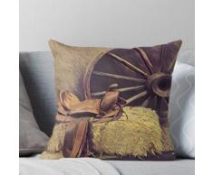 peinture western country wagon roue cuir cheval selle Coussin