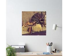 peinture western country wagon roue cuir cheval selle Poster