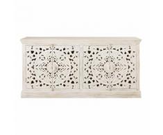 Buffet enfilade 4 portes en manguier massif sculpté blanc Kerala