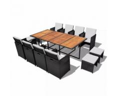 vidaXL Salon de jardin encastrable 13 pcs Rotin et bois d'acacia Noir