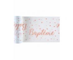 Chemin de table en tissu Baptême blanc et corail 15 cm x 5 m
