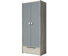 Armoire enfant mélaminé frêne blanc et gris 2 portes 1 tiroir